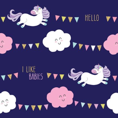 Papier peint à motif  Cute unicorn seamless pattern background with cartoon kawaii clouds and garlands. For kids clothes, pajamas, baby shower design.