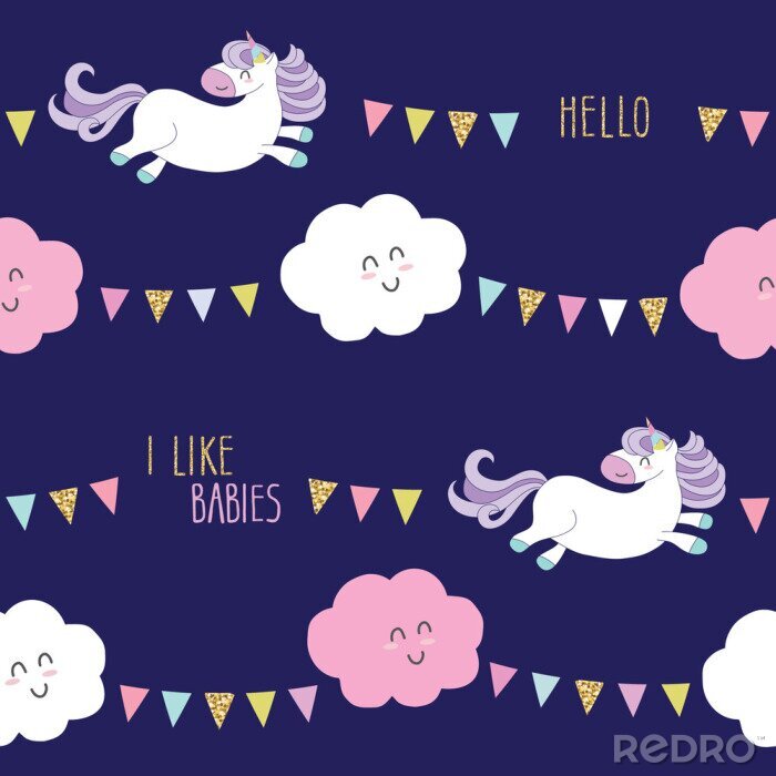 Papier peint à motif  Cute unicorn seamless pattern background with cartoon kawaii clouds and garlands. For kids clothes, pajamas, baby shower design.
