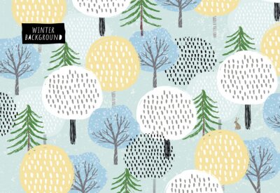 Papier peint à motif  Cute vector pattern of winter trees, spruce and snow. Background for the holidays of the new year and Christmas. Drawn by hand forest