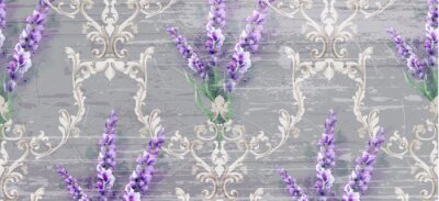 Papier peint à motif  Damask ornament and lavender Vector pattern. Delicate floral decor watercolor. Spring summer texture banner templates