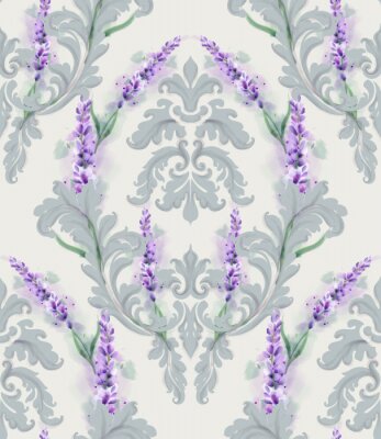Papier peint à motif  Damask ornament and lavender Vector pattern. Delicate floral decor watercolor. Spring summer texture banner templates