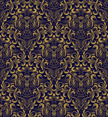Papier peint à motif  Damassé, seamless, modèle, répéter, fond Or ornement floral bleu dans le style baroque. Papier peint répétable d'or antique.