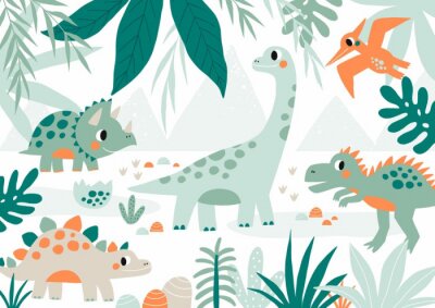 D’amusants dinosaures entourés de plantes vertes