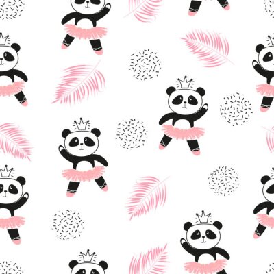 Papier peint à motif  Danse ballerines panda sur fond blanc