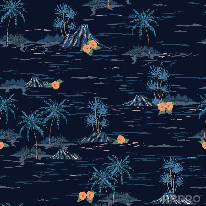 Papier peint à motif  Dark summer night mood seamless island pattern  Landscape with palm trees,beach and ocean vector hand drawn style