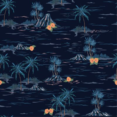 Papier peint à motif  Dark summer night mood seamless island pattern  Landscape with palm trees,beach and ocean vector hand drawn style