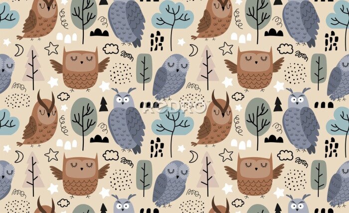 Papier peint à motif  De charmantes chouettes dans une fabuleuse forêt colorée