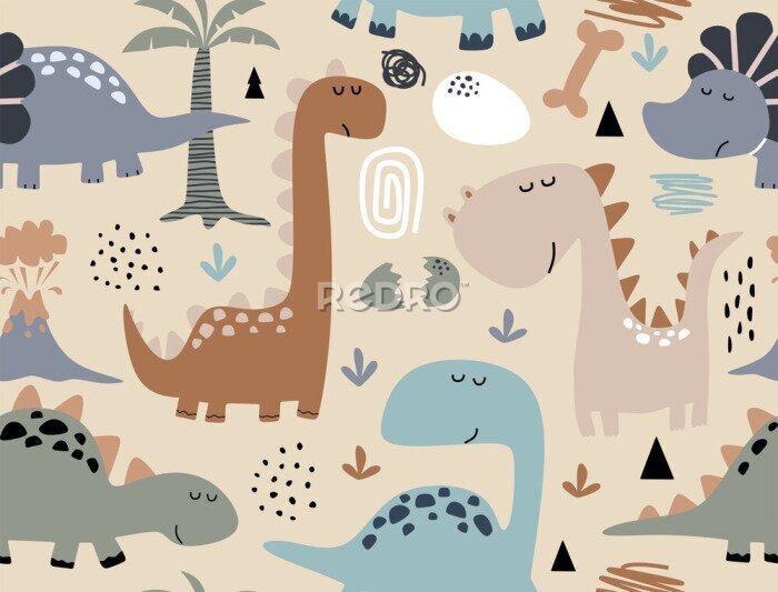 Papier peint à motif  De charmants dinosaures dans un style scandinave
