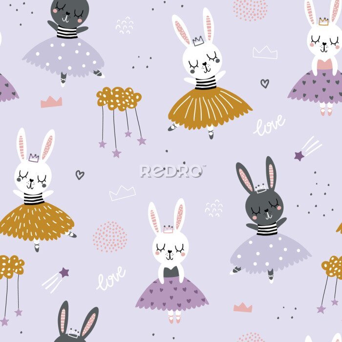 Papier peint à motif  De mignons lapins ballerines sur un fond violet