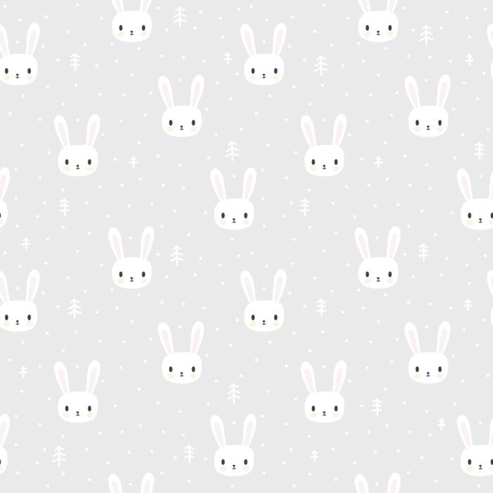 Papier peint à motif  De petits lapins blancs et des arbres sur un fond gris