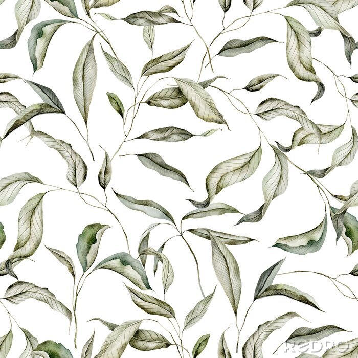 Papier peint à motif  Délicates feuilles aquarellées sur fond blanc
