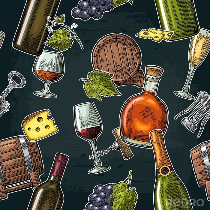Papier peint à motif  Des boissons sans cosmétiques à base de raisin. Vin, brandy, bouteille de champagne, verre