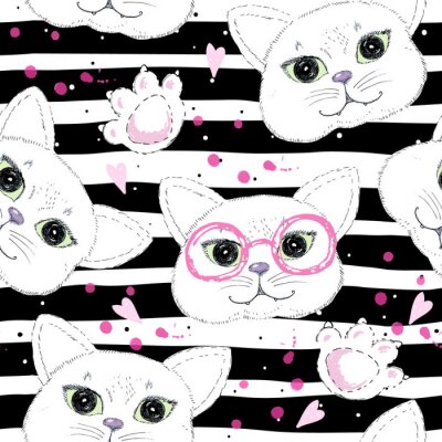 Papier peint à motif  Des chats blancs avec des lunettes roses