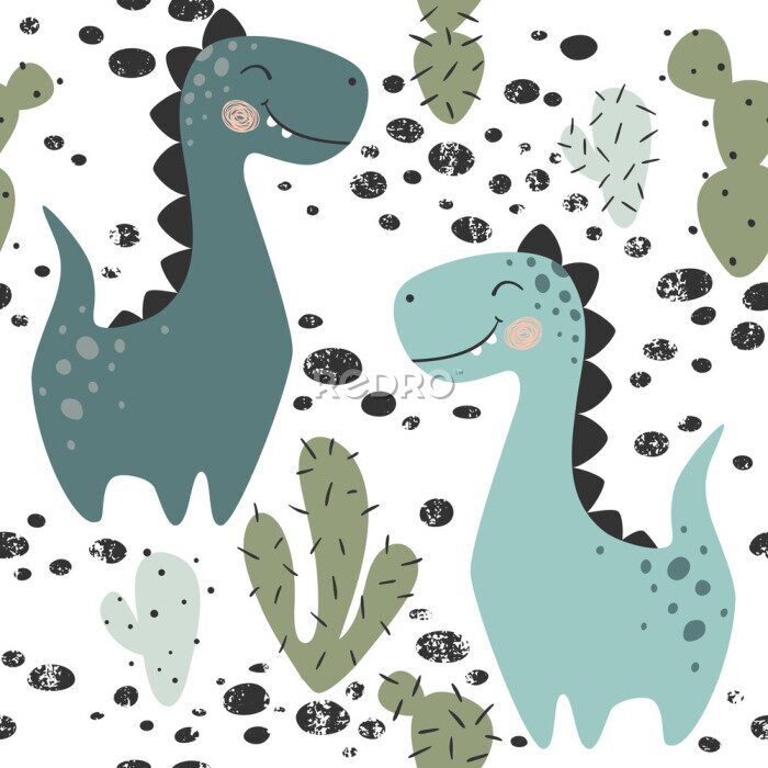 Papier peint à motif  Des dinosaures au milieu de cactus dans un style scandinave