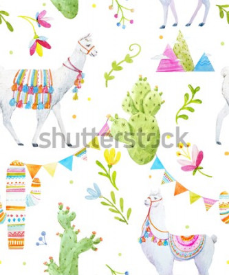 Papier peint à motif  Des lamas et des cactus colorés