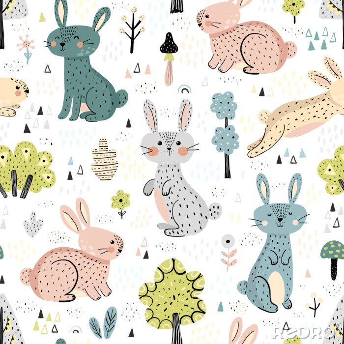 Papier peint à motif  Des lapins colorés dans un style scandinave