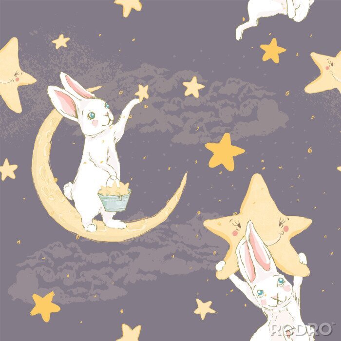 Papier peint à motif  Des lapins, des étoiles et la lune