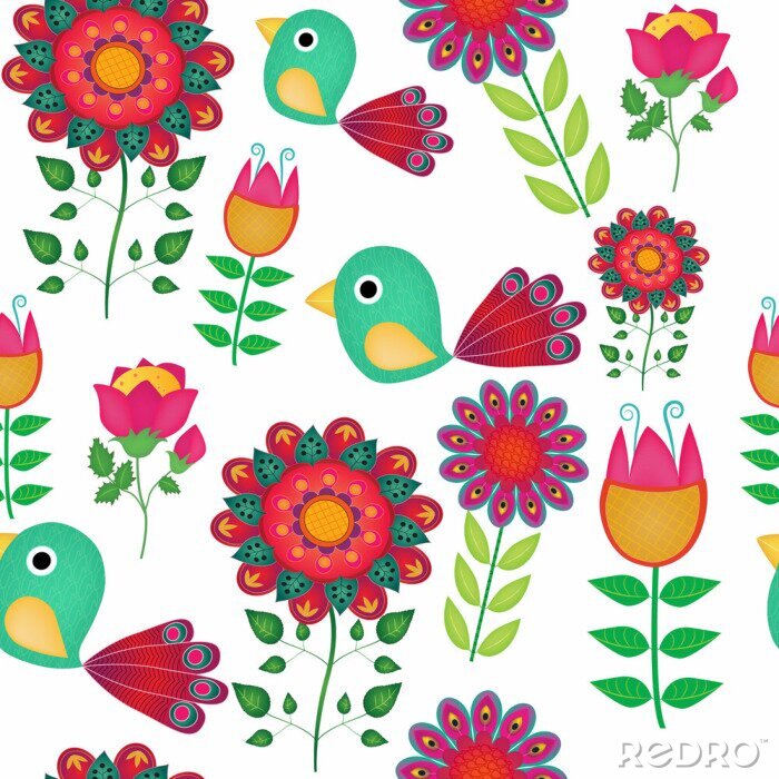 Papier peint à motif  Des oiseaux et des fleurs ornementales colorés