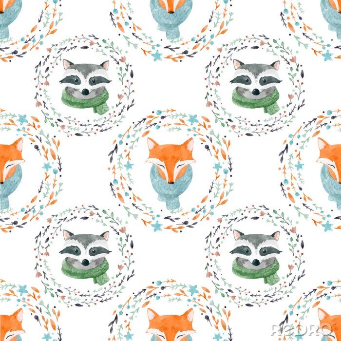 Papier peint à motif  Des renards et des ratons laveurs entourés de fleurs et de brindilles