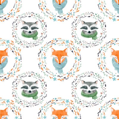 Papier peint à motif  Des renards et des ratons laveurs entourés de fleurs et de brindilles