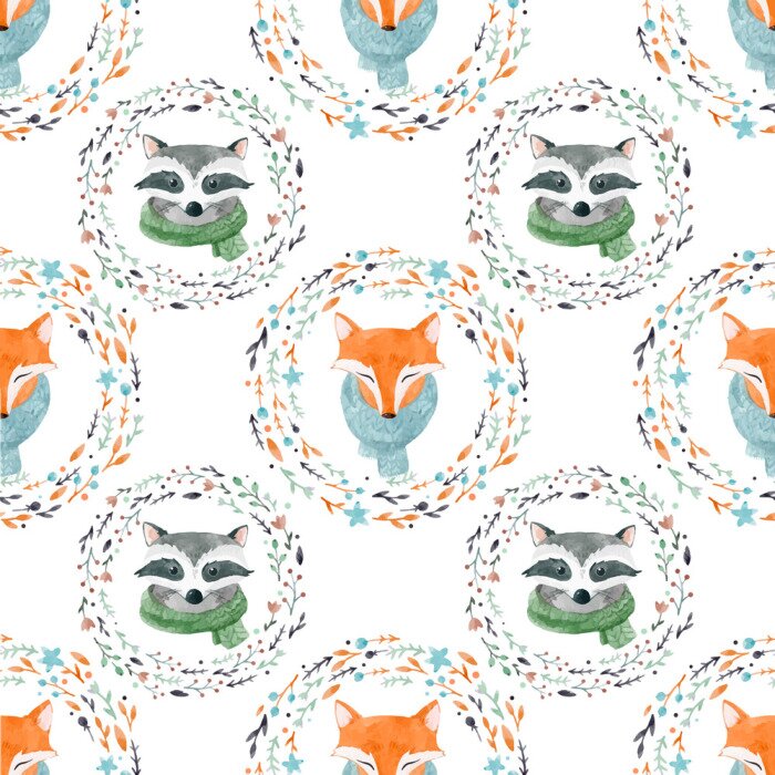 Papier peint à motif  Des renards et des ratons laveurs entourés de fleurs et de brindilles