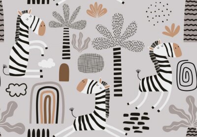 Papier peint à motif  Des zèbres et des palmiers dans un style scandinave