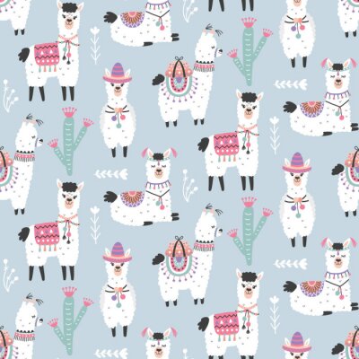 Papier peint à motif  Dessin animé Llama Alpaga Seamless Pattern