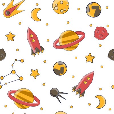 Papier peint à motif  Dessin animé plat modèle sans couture science espace et cosmos. Planète, fusées, étoiles et autres éléments de l'espace dans un simple fond de vecteur mignon pour les enfants. Idées de science et de c