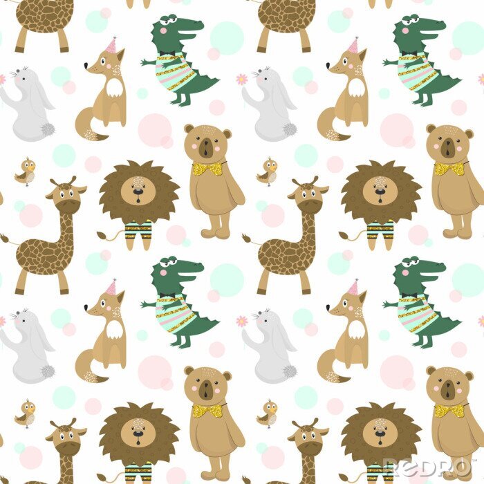 Papier peint à motif  Dessin avec des animaux sur un fond blanc