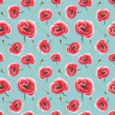 Papier peint à motif  Dessin avec des coquelicots sur fond bleu