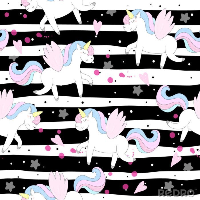 Papier peint à motif  Dessin avec des licornes sur un fond rayé