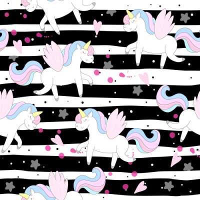 Papier peint à motif  Dessin avec des licornes sur un fond rayé