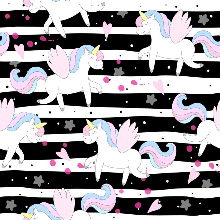 Papier peint à motif  Dessin avec des licornes sur un fond rayé