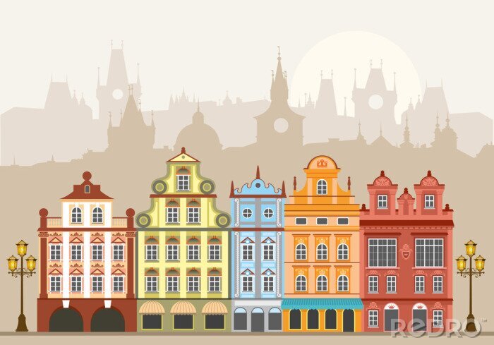 Papier peint à motif  Dessin avec des maisons colorées