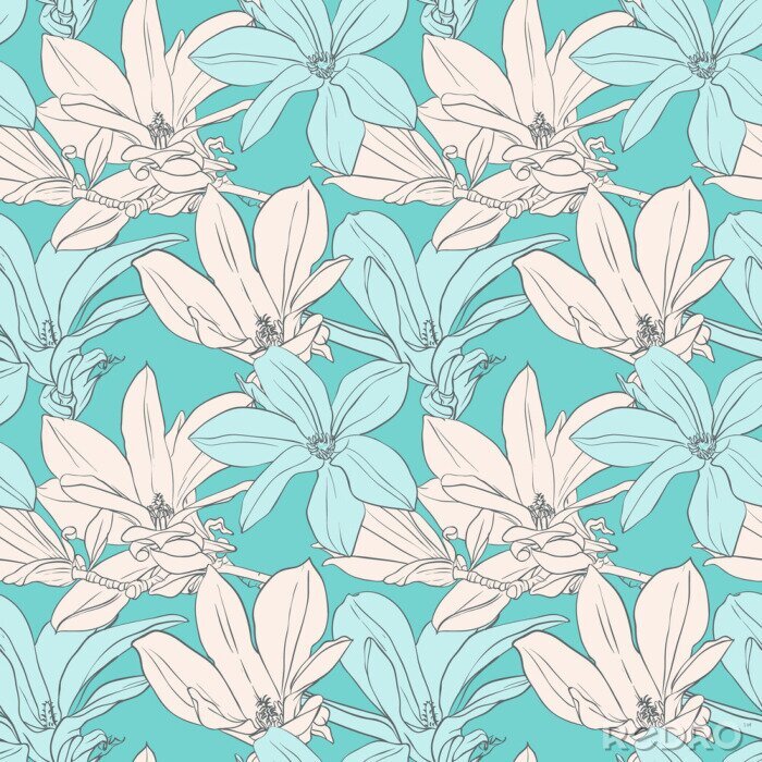 Papier peint à motif  Dessin blanc et bleu avec des magnolias