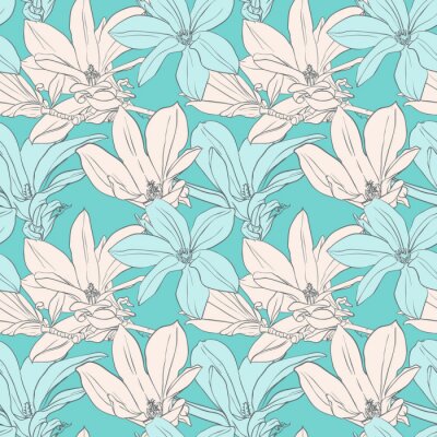 Papier peint à motif  Dessin blanc et bleu avec des magnolias
