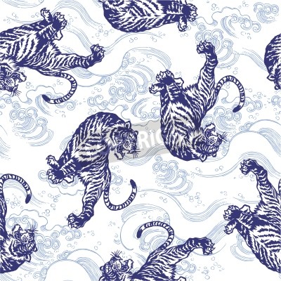 Papier peint à motif  Dessin bleu style japonais