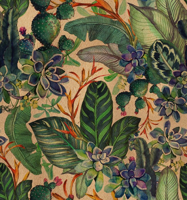 Papier peint à motif  Dessin botanique avec des plantes de la jungle
