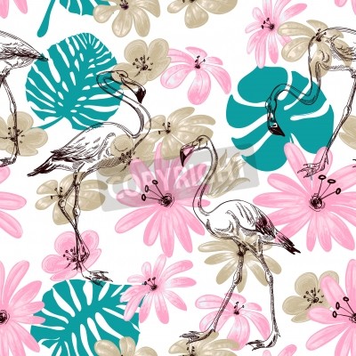 Papier peint à motif  Dessin de flamants roses sur des fleurs