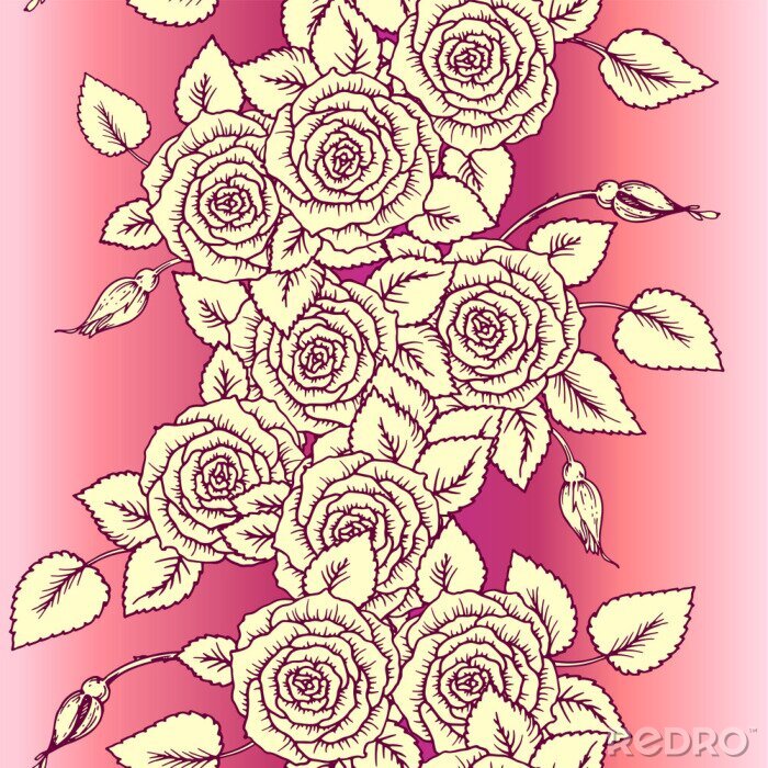 Papier peint à motif  Dessin de roses blanches sur fond rose