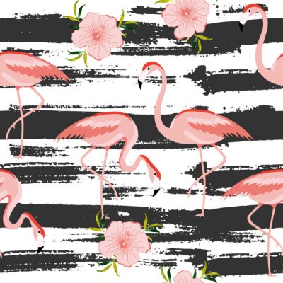 Papier peint à motif  Dessin flamants roses et rayures noir et blanc