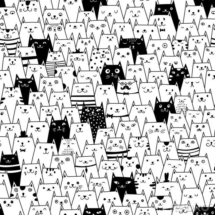 Papier peint à motif  Dessin noir et blanc avec des chats