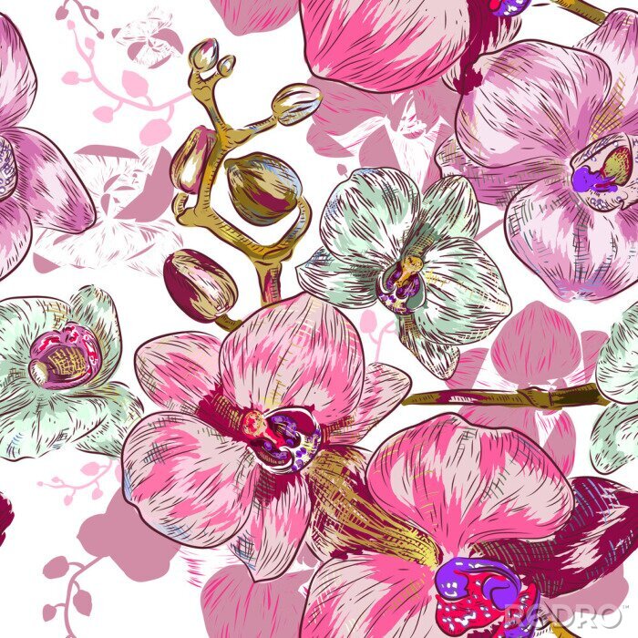 Papier peint à motif  Dessin rose avec des orchidées