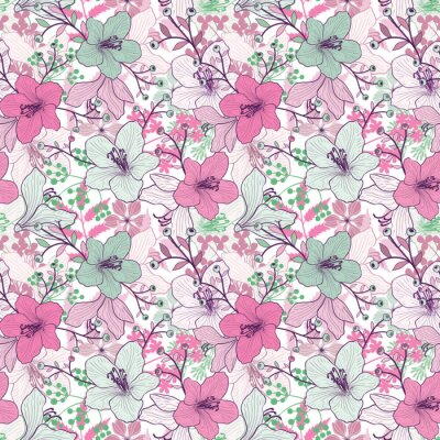 Papier peint à motif  Dessin rose et bleu orchidées et feuilles