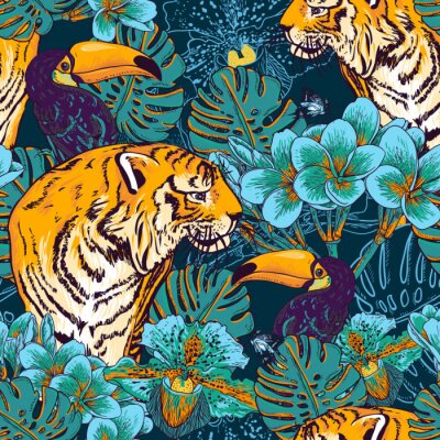 Papier peint à motif  Dessin tropical avec un tigre et des toucans