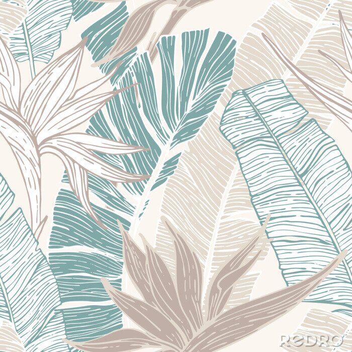 Papier peint à motif  Dessinés à la main abstrait été tropical: palmier et feuilles de bananier, fleur oiseau au paradis en silhouette, dessin au trait