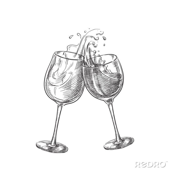 Papier peint à motif  Deux verres de vin avec des boissons splash, illustration vectorielle de croquis. Éléments de conception d'étiquettes dessinées