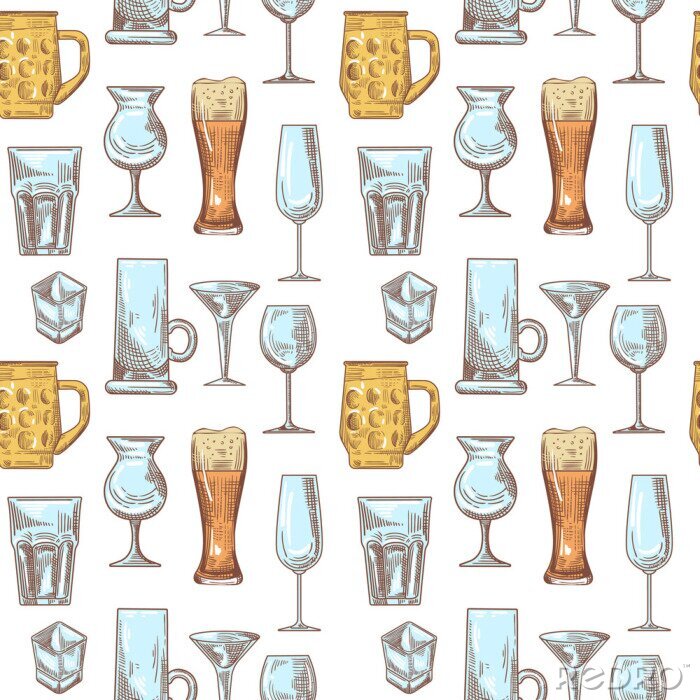 Papier peint à motif  Différentes boissons boisson verres Seamless Pattern. Fond de Stemware dessinés à la main. Illustration vectorielle