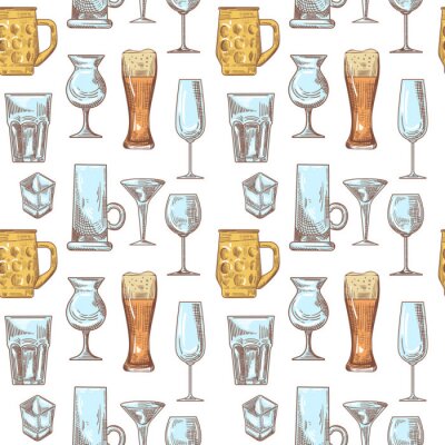 Papier peint à motif  Différentes boissons boisson verres Seamless Pattern. Fond de Stemware dessinés à la main. Illustration vectorielle