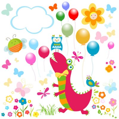 Dinosaure dans un environnement joyeux arc-en-ciel